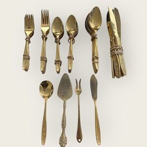 VTG Lifetime Gold Cutlery Set Kings Inn Pattern Roses 50 Pieces Stainless Steel